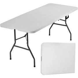 6 Ft Plastic Folding Table Camping Table Fold Up Lightweight Picnic Table, Foldable Table, Rectangle Portable Table with Handle/Lock for Picnic/Party/Camping/BBQ, No Assembly, White