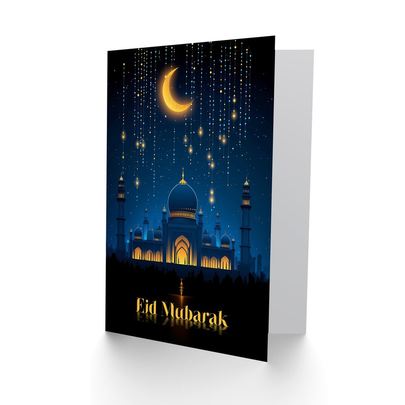 Artery8 Eid Mubarak Greeting Card Crescent Moon Stars Over Mosque