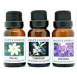 Crazy Candles 3 Bottles Set, 1 Pikaki, 1 Tuberose, 1 Wisteria 1/2 Fl Oz Each (15ml) Premium Grade Scented Fragrance Oils