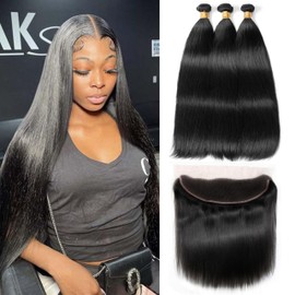 MIRONICA Straight Human Hair Bundles with Frontal 22 24 26 + 20 Brazilian 3 Bundles Deals Human Hair with 13x4 Lace Frontal Free Part 12A 100% Unprocessed Virgin Double Machin Weft Hair Extensions