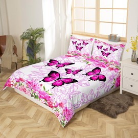 Women Butterfly Duvet Cover Set Twin Size,2 Pcs Breathable Pink Flowers Bedding Sets(1 Duvet Cover+1 Pillowcase), Pink Black Butterflies Printed Comforter Cover Set for Girls Kids(No Comforter)