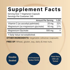 NatureBell Pure Magnesium Glycinate 500mg Per Serving, 240 Veggie Capsules
