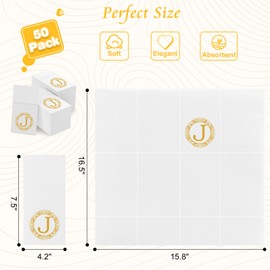 Monogram Disposable Napkins with Pocket, 50 Pack Gold Letter Guest Napkins Initial Disposable Hand Paper Towels for Wedding Bridal Shower Holiday Birthday Party Tableware Decor (J)