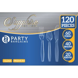 Party Bargains Disposable Cutlery Set [Sapphire] - [120 Count] Clear Heavy Duty & Solid Disposable Silverware Utensils Set, Perfect for Weddings, Buffets, Luncheon - 60 Forks, 40 Spoons & 20 Knives