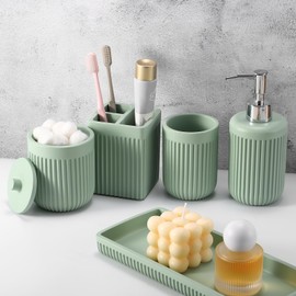 XLHOMO Resin Light Green Bathroom Accessories Set 5 Pcs, Lotion Soap Dispenser, Toothbrush Holder, Bathroom Tumbler, Qtip Holder and Vanity Tray, Bathroom Countertop Organizer Set for Modern Apartment