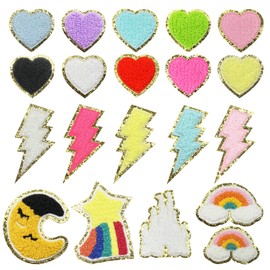 Yayatty 20 PCS Heart Iron on Patches Sew on Appliques Set Chenille Embroidered Patch Gold Glitter Edge Mix Color Badge Decorate Repair Patches for Hats, Jackets, Shirts, Vests, Shoes, Jeans