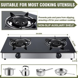 2 Burner Propane Gas Cooktop, Portable Tempered Glass Double Burner Stove with Auto Ignition, 30,000 BTU, CSA Certified Regulator & Hose, Outdoor Camping RV BBQ Kitchen LPG Gas Stove