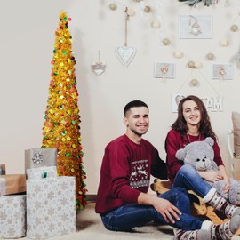 Warmiehomy 5ft/150cm Collapsible Christmas Tree Glittering Pencil Christmas Trees with Sequin Artificial Pop up Tinsel Tree Christmas Decorations for Home, Store, Office, Golden