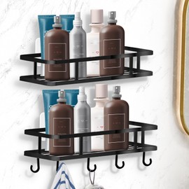 TayBong Duschablage Ohne Bohren, 2 Stück Dusche Badezimmer Organizer, Rostfrei Schwarz Duschregal mit 10 Haken und 8 Klebeflächen für Badezimmer und Küche