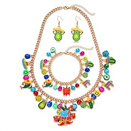 VOGUEKNOCK Mexican Jewelry Set Cinco De Mayo Charm Necklace Bracelet Fiesta Dangle Earrings Carnival Holiday Jewelry Gifts for Women, one size, Alloy, Plastic, Enamel, No Gemstone