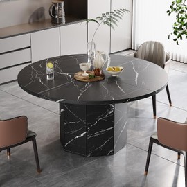 HSH Round Dining Table for 4-6 People, 47” Black Faux Marble Kitchen Table only, Modern Wooden Dinner Table for Living Dining Room with Octagon Base, Black Faux Marble, 47 Inch