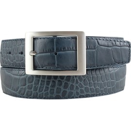 BELTINGER Belt with Crocodile Embossed 4 cm Leather Belt with Double Buckle for Men and Women 40 mm Crocodile Look Crocodile Pattern, Denim blue, silver.