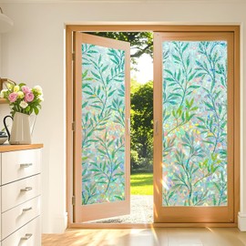 Privacy Window Film, 3D Leaf Rainbow Stained Glass Effect, Static Cling Non-Adhesive - UV Protection & Heat Blocking, Removable for Home, Bathroom Door, Iridescent Decorative Cover (31.5" x 78.7")