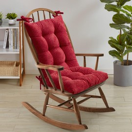 Rocking Chair Cushion Premium Tufted Pads Non Skid Slip Backed Crushed Velvet Cover Set of Upper and Lower with Ties, 21 in x 17 in | 17 in x 17 in, Velvet Red