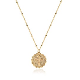 VACRONA Coin Necklace 18k Gold Plated Vintage Textured Medallion Coin Pendant Round Circle Disk Dainty Necklace for Women