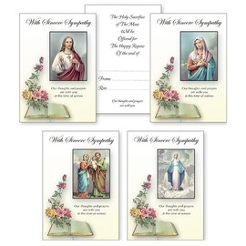 Pack of 12 With Sincere Sympathy Catholic Mass Card Unisex Floral and Faith Design for Men or Women with 12 Keepsake Memory Wallet Card
