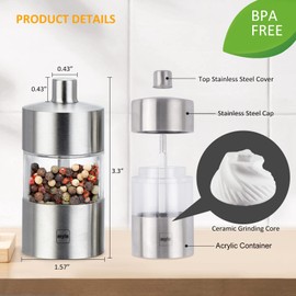 Myle Salt and Pepper Grinder Set with Stand Small Refillable Stainless Steel Pepper Grinder Mini Adjustable Ceramic Grinder Manual Salt Grinders Portable for BBQ Picnic RV Restaurants Outdoor Party