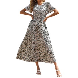 PRETTYGARDEN Women's Summer Casual Short Flutter Sleeve Round Neck Smocked Waist Tiered Boho Floral Flowy Maxi Dress(Floral Black,Medium)
