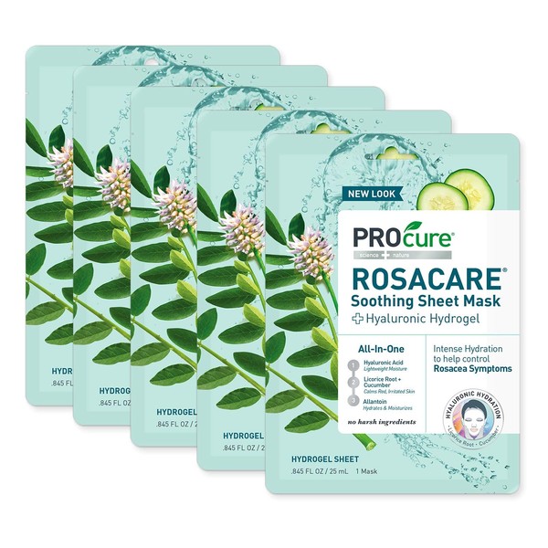 PROcure Rosacare Soothing Sheet Face Mask with Hyaluronic Hydrogel for Rosacea Symptoms, 5 Masks