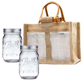 Regular Mouth Ball Mason Jars 16 oz (2-Pack) and Jute Bags with Handles - Canning Jars with Lids - For Fermenting, Canning, Pickling, Freezing, Storage - Ball Jars with Airtight Lids