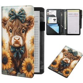 NLZQTTBD Server Books for Waitress Cute Waitress Book PU Leather Server Book with Zipper Wallet Black Serving Book Organizer Fit Server Apron,Highland Cow Sunflowers