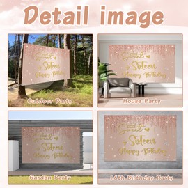 Soireeparty Sweet 16th Birthday Banner - Rose Gold Sweet 16th Party Decorations Backdrop for Girls, 180 x 120cm Happy Sixteen Birthday Banner, Glitter 16 Year Old Birthday Photo Props Decorations