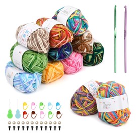 CENBEN 12 Roll Assorted Colors Smooth Soft Milk Cotton Yarn, 12 x 25g Double Knitting Wool Crochet Yarn with 10 Marker Pins & 2 Needles & 12 Doll Eyes Crochet Kits for Beginners Adults