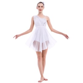 Lyrical Dance Costume for Women Adult Modern Contemporary Dancewear Sequin One Shoudler Flowy Mesh Tulle Leotard Dress with Flower Hair Clip Ballet Ballroom Outfit Competition Clothes White L