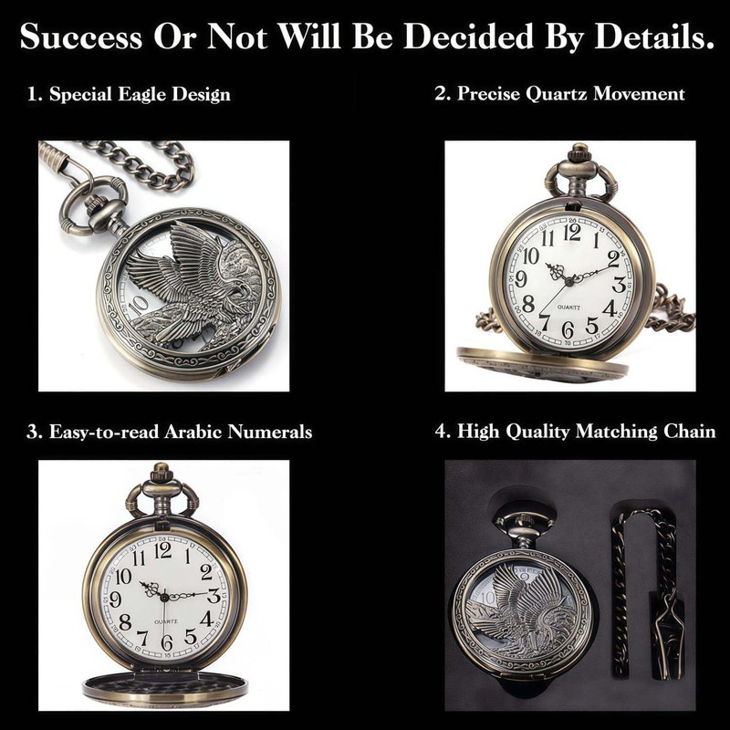 DerMacht Pocket Watch with Chain Oversized 50MM Quartz Steampunk Hollowed