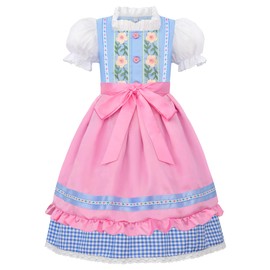 ReliBeauty Dirndl Girls Children 2-in-1 Midi Set with Apron Blue Pink 120