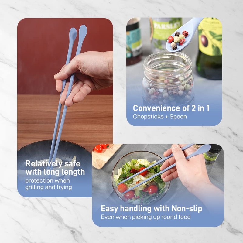 RECOHOME Reusable Long Silicone Cooking Chopsticks with Spoon 12 Inches