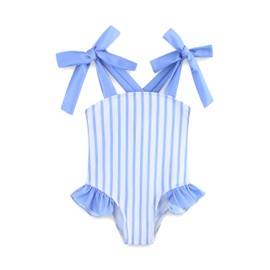 Summer Little Girl Bathing Suit Ruffle One Piece Swimsuits Quick Dry Beach Swimwear for Girls 6-7T Blue Stripe