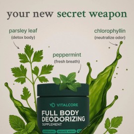 Vital Core Body Deodorizing Supplement - 200mg Chlorophyll Pills for 24hr Freshness | Gut &