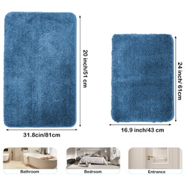 RUN HELIX Bathroom Mat 40x60cm, 0.8inch Fluffy Long Hair Non-slip Super-Absorbent Machine Microfibre Washable Bath Rugs for Bathroom Bathtub Floor, Blue