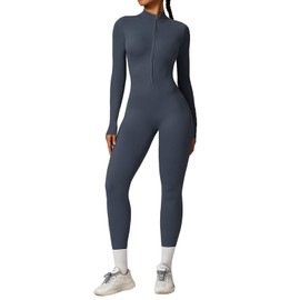 Ecupper Womens One Piece Workout Jumpsuit Zip Up Bodysuit Long Sleeve Yoga Rompers Full Length Sports Gym Shapewear Dark Blue XL