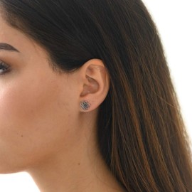 Materia Flat Stud Earrings 925 Silver Women's Mandala Earrings Flower of Life 10 mm Round Rhodium-Plated or Gold-Plated, Silver