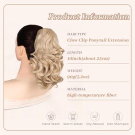 Short Claw Ponytail Extension 10in Claw Clip in Ponytail Hair Extensions Wavy Synthetic Hairpiece for Women #M18/613 Medium Blonde with Highlights