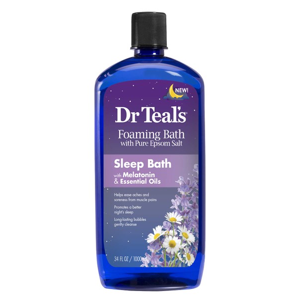 Dr. Teal's Melatonin Nighttime Sleep Bath (1 Bottle, 34oz) - Lavender & Chamomile Essence Blended with Pure Epsom Salt