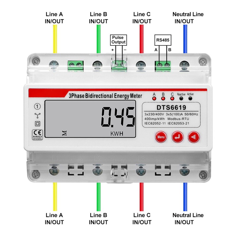 3 Phase 4 Wire Energy Meter LCD Display Multifunctional Button