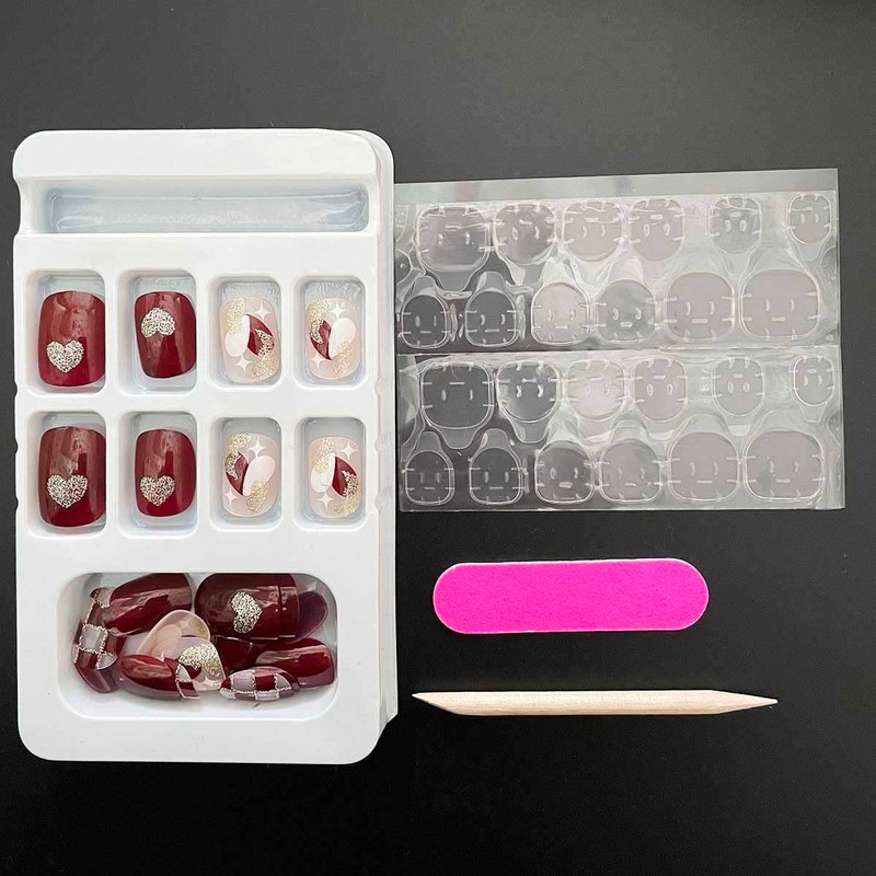 Wedding 24 Pieces Claret Short Chess Love False Nail Pearl