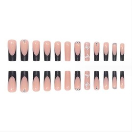 Foccna Artificail - Uñas postizas extralargas a presión con diamantes de imitación, color negro mariposa con purpurina francesa, uñas postizas de cobe