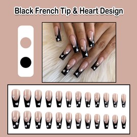 ANDGING French Tip Press on Nails Black Long Square Fake Nails with Glue Heart Ballerina Glue on Nails with Designs Aesthetic Acrylic Manicure False Nail for Women Gel Stick on Nails for Wedding