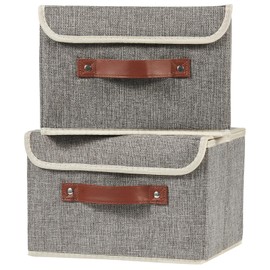VinneGenzz 2PCS Storage Boxes with Lid Cotton Linen Fabric Storage Bins Organizer Container Decorative Collapsible Washable Shelf Closet Baskets Faux Leather Handles Home Bedroom (Gray, Small Size)