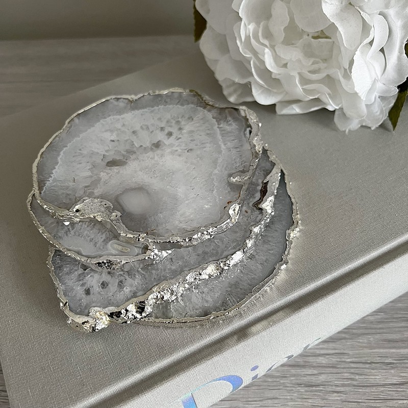 Crystal Coasters -White and Silver Salt Agate - Set of