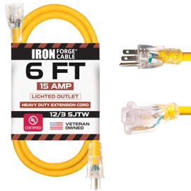 IRON FORGE CABLE 6 Foot Lighted Outdoor Extension Cord - 12/3 SJTW Heavy Duty Yellow Extension Cable with 3 Prong Grounded Plug for Safety, 15 AMP - Great for Garden and Major Appliances