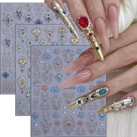 3 Sheets Bohemian Nail Stickers 5D Embossed Vintage Dunhuang Nail Decals Chinese Style Nationality Gems Flower Nail Art Stickers Bronzing Nail Design Supplies for Women DIY Luxury Manicure