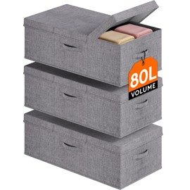 Lifewit 80L Under Bed Storage Containers, 9.8 Inch Tall Underbed Clothes Storage Organizer Bin with Sturdy Sidewalls, Bottom, 3 Lids, Deep Storage Drawer for Clothes, Shoes, Blankets, Pillows 3 Pack