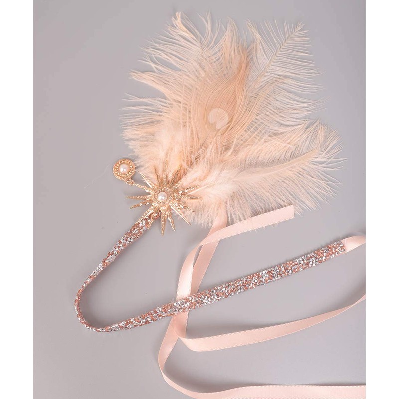 Aimimier 1920s Flapper Feather Headband Champagne Feather Headpiece with Rhinestone