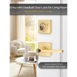 3 Sets Entry Door Handle and Single Cylinder Deadbolt Lock and Key Combo Pack - Heavy Duty Square Locking Lever Set - Interior/Exterior Door Levers in Satin Brass Finish