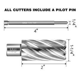 SALI Annular Cutter Diameter 1-1/4 Inch with Weldon Shank 3/4" (with 2 Flats) Cutting Depth 2" Mag Drill Bit for Magnetic Drill Press HSS Fully Ground Drill with One 1/4"*4" Pilot Pin
